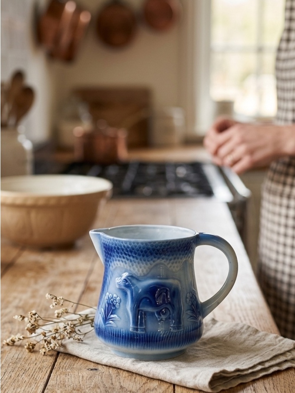Vintage Flow Blue Cow Milk Pitcher / Jug